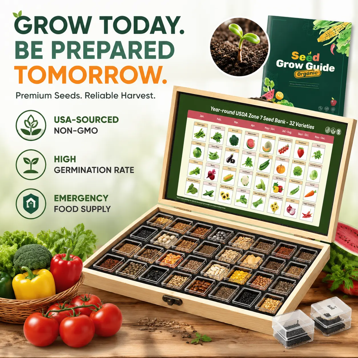 Lush&Dew Year-Round USDA Zone 7 Seed Bank - 32-Variety Non-GMO Heirloom Premium Seeds, High Germination Rate Emergency Food Supply, Full Sun Gardening Kit with Grow Guide for Raised Beds, Greenhouses, Gift for Women