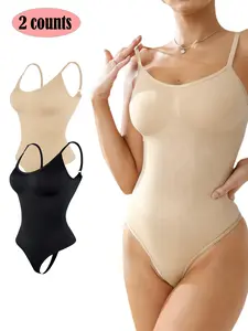 2 Counts Women's Tummy Control Thong Bodysuit with Adjustable Strap, Sleeveless Tops, Shapewear, Abdominal Control Shapewear, High Waisted Shapers for Sculpting Snatched Waistline, Ladies Shapewear for All Seasons
