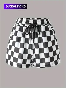 Women's Plaid Checkerboard Print Drawstring Adjustable Waist Fitted Statement Shorts, Chic Casual Pocket Shorts for Summer, Women's Bottoms for Daily Wear, Everyday