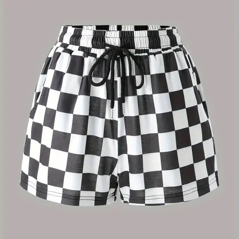 Women's Plaid Checkerboard Print Drawstring Adjustable Waist Fitted Statement Elastic Shorts, Chic Casual Pocket Shorts for Summer, Women's Bottoms for Daily Wear, Everyday, Fitted Fashion Shorts