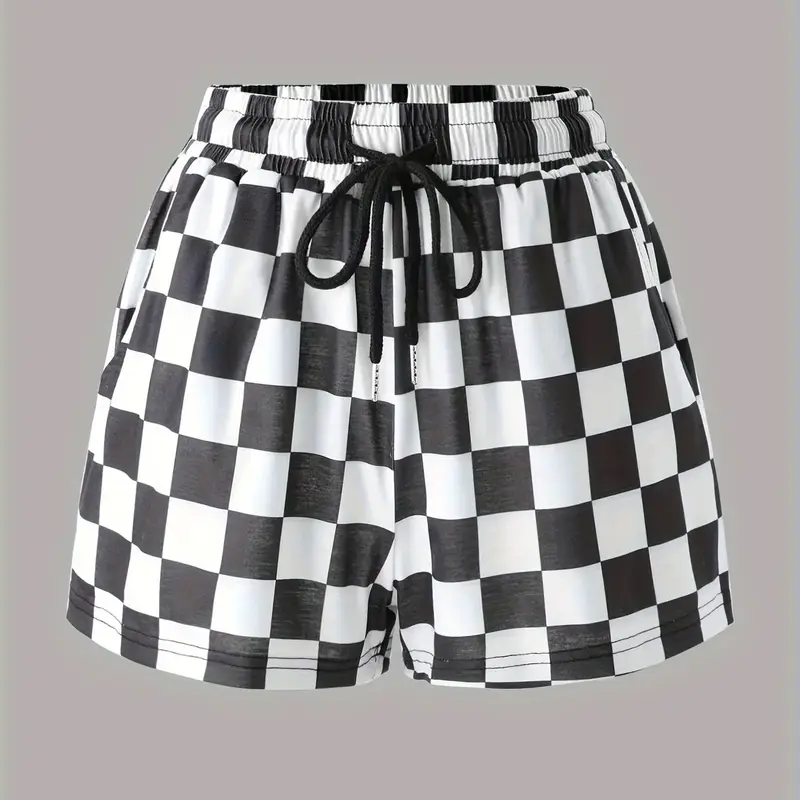 Women's Plaid Checkerboard Print Drawstring Adjustable Waist Fitted Statement Elastic Shorts, Chic Casual Pocket Shorts for Summer, Women's Bottoms for Daily Wear, Everyday, Fitted Fashion Shorts