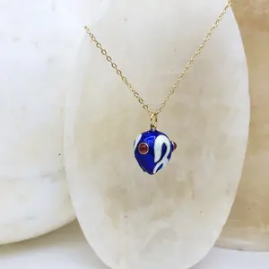 Blue Enamel Egg Pendant with Carnelian