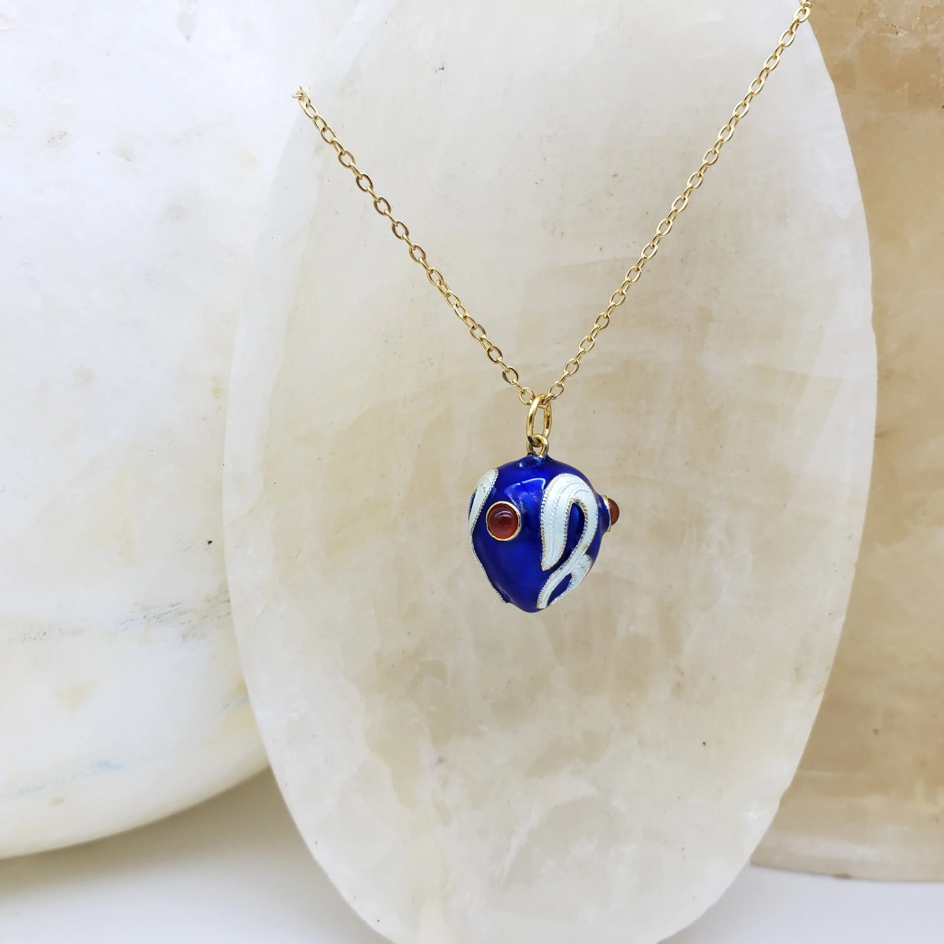 Blue Enamel Egg Pendant with Carnelian