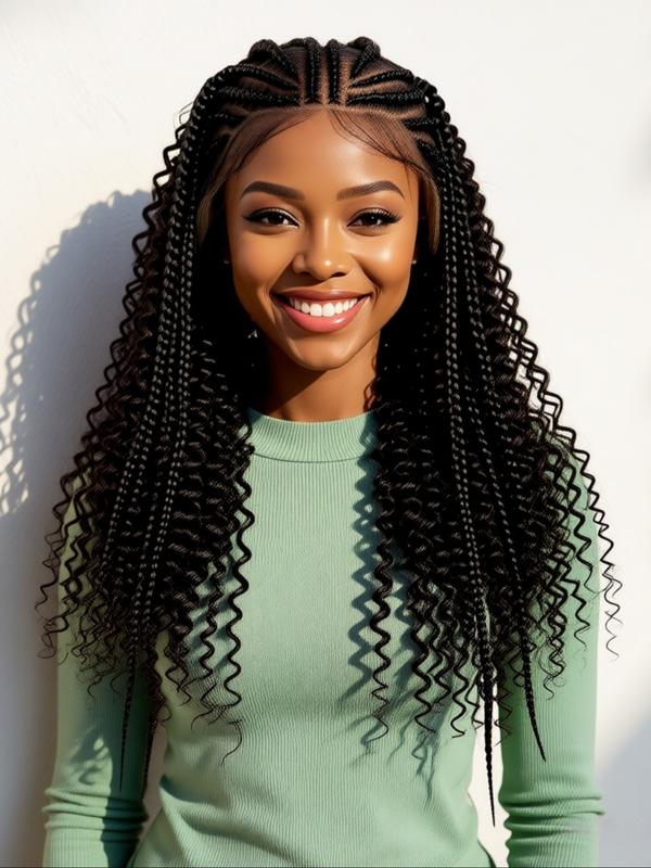 13x6 HD Lace Frontal Half-Braided Curly Wigs, Synthetic Braids Half-Cornrows Half-Curly Wig with Baby Hair, Pre-Styled Braid Wigs, 18 Inch