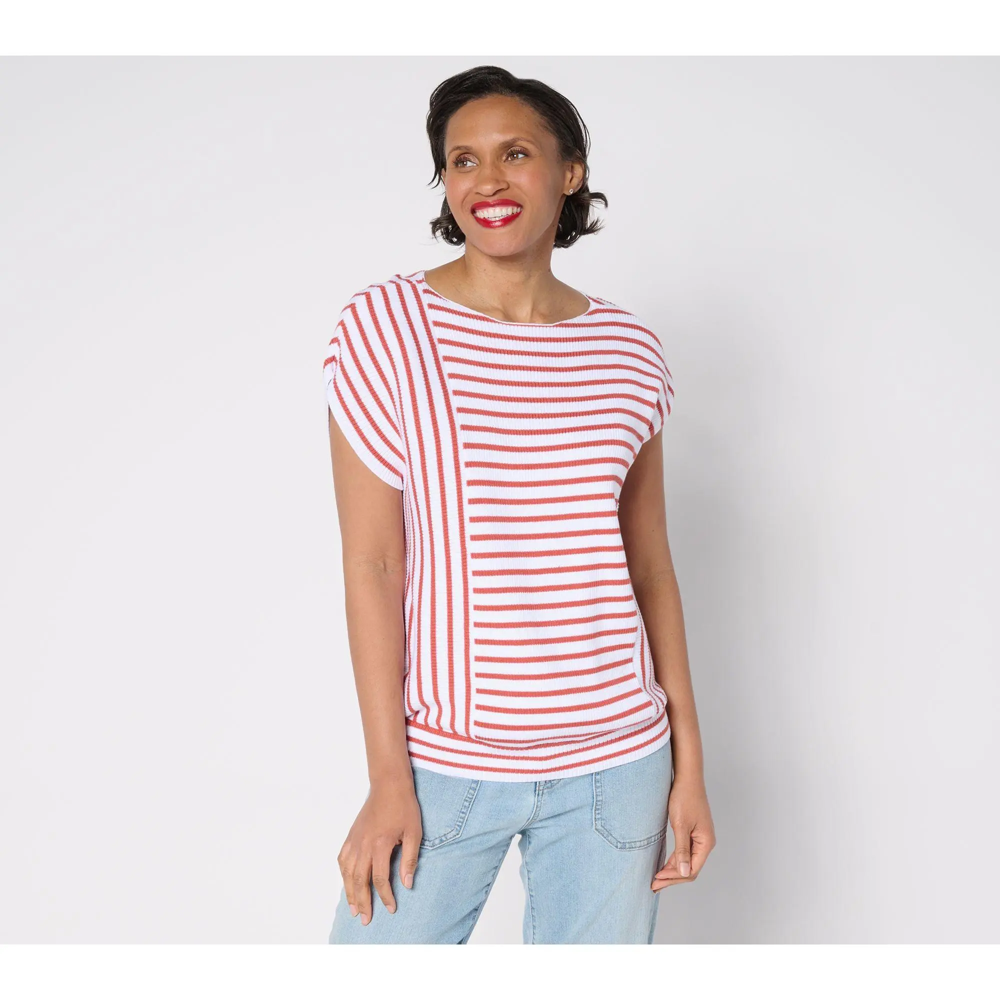 AnyBody Boat Neck Mixed Stripe Cotton Sweater