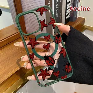 Ladybug Heart Star Pattern Magnetic Phone Case for iPhone 15 16 14 Pro Max 13 12 11 XR XS Plus E Non-Yellowing Clear Crystal Drop-proof Slim Silicone Shockproof Transparent Acrylic Cover Supports Wireless Charging