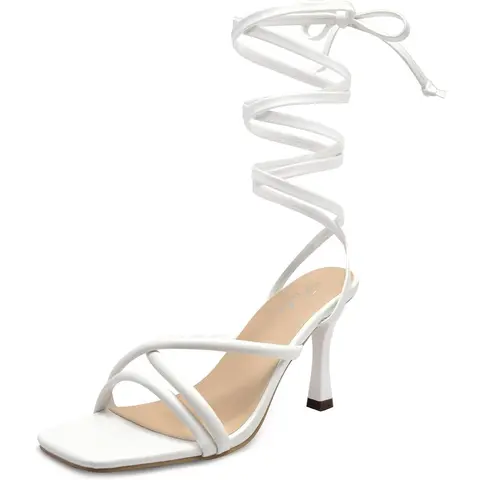 Women's Elegant Lace Faux Leather Strappy Tie-Up Stiletto High Heels Sandals - Fashionable Heeled Sandals for Evening, Weddings, Proms, Parties - Summer Footwear