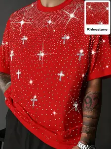 Unisex Rhinestone Cross Pattern Fitted Short T-Shirt, Streetwear Street Style Glam Top, Sparkling Fashion Design, Perfect for Daily Wear & Night Out