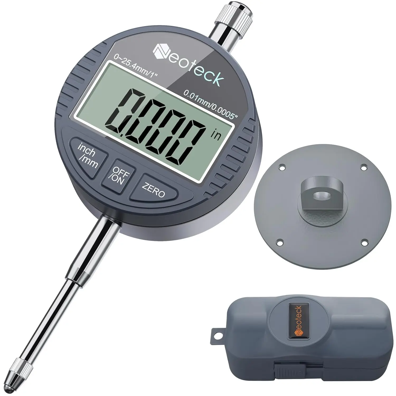 Neoteck Industrial Mechanical Aluminum Digital Dial Indicator - 0-1 in/25.4 mm Range, 0.0005 in/0.01 mm High Resolution, Large LCD, 1.5V Battery, Instruction Manual, Silver Gray for Automotive Motorcycle Car Repair Diagnostic Tasks, Laboratory