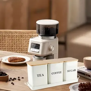 3-Piece Metal Tea Coffee Sugar Canisters with Wooden Lids, Kitchen Storage Containers, or Home Organization, Daily Use Gift