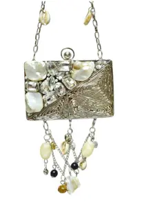 Elegant Pearl & Crystal Mini Brass Bag – Rectangle Shape Statement Handbag (SILVER)