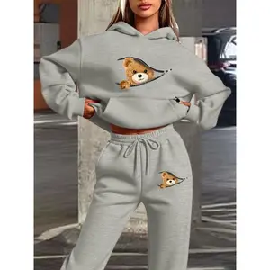 Cute Bear Hoodie Set for Fall & Winter, Sweet Zipper Design Sweatshirt, Geometric Print, Daily Wear Comfort