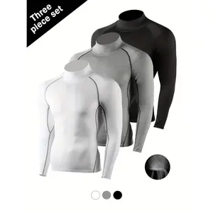 3-Pack Men's Fleece Lined Compression Long Sleeve Shirts - Thermal High Neck, Windproof & Quick-Dryfor Running, Gym,Skiing