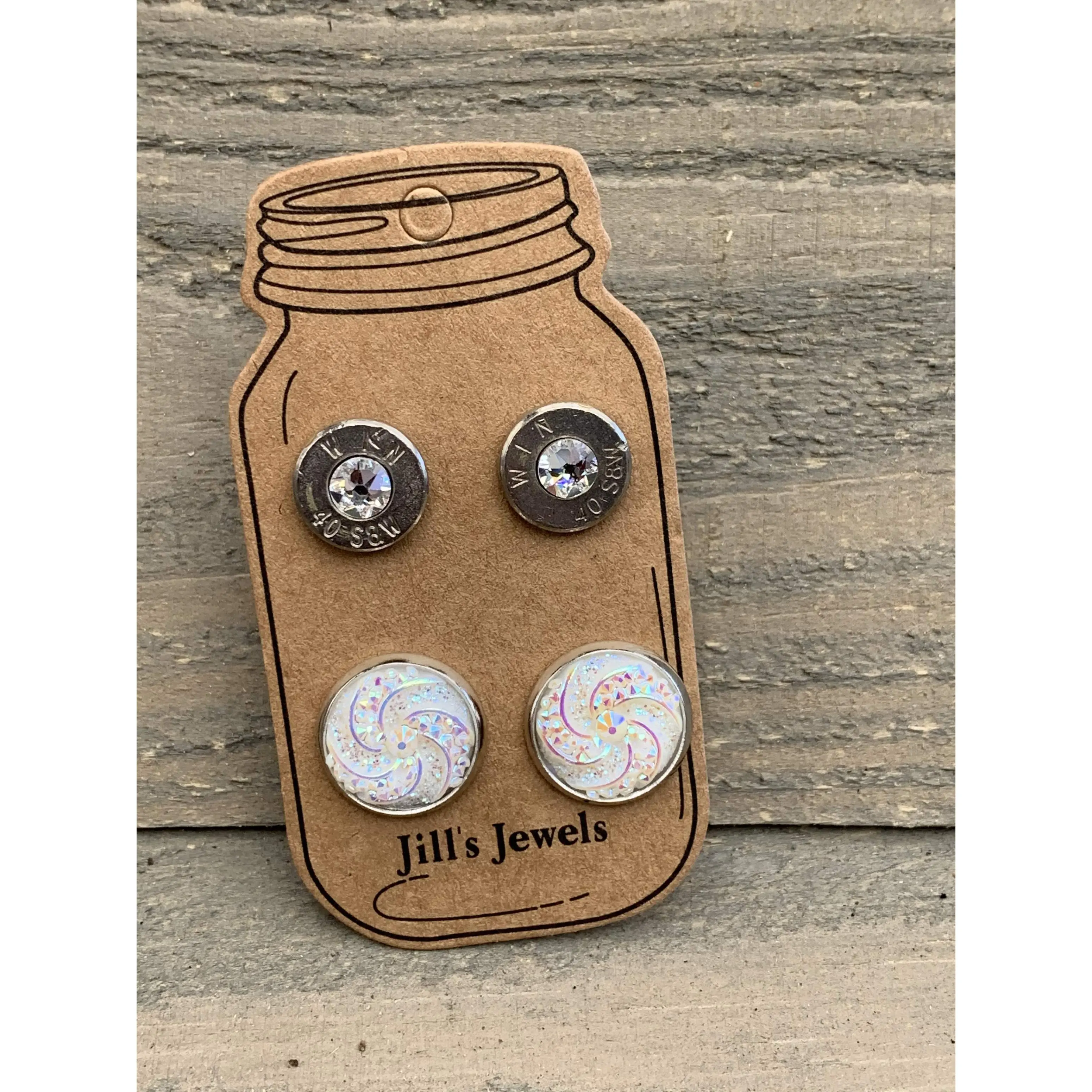 White AB Swirl 40 Caliber bullet earring set