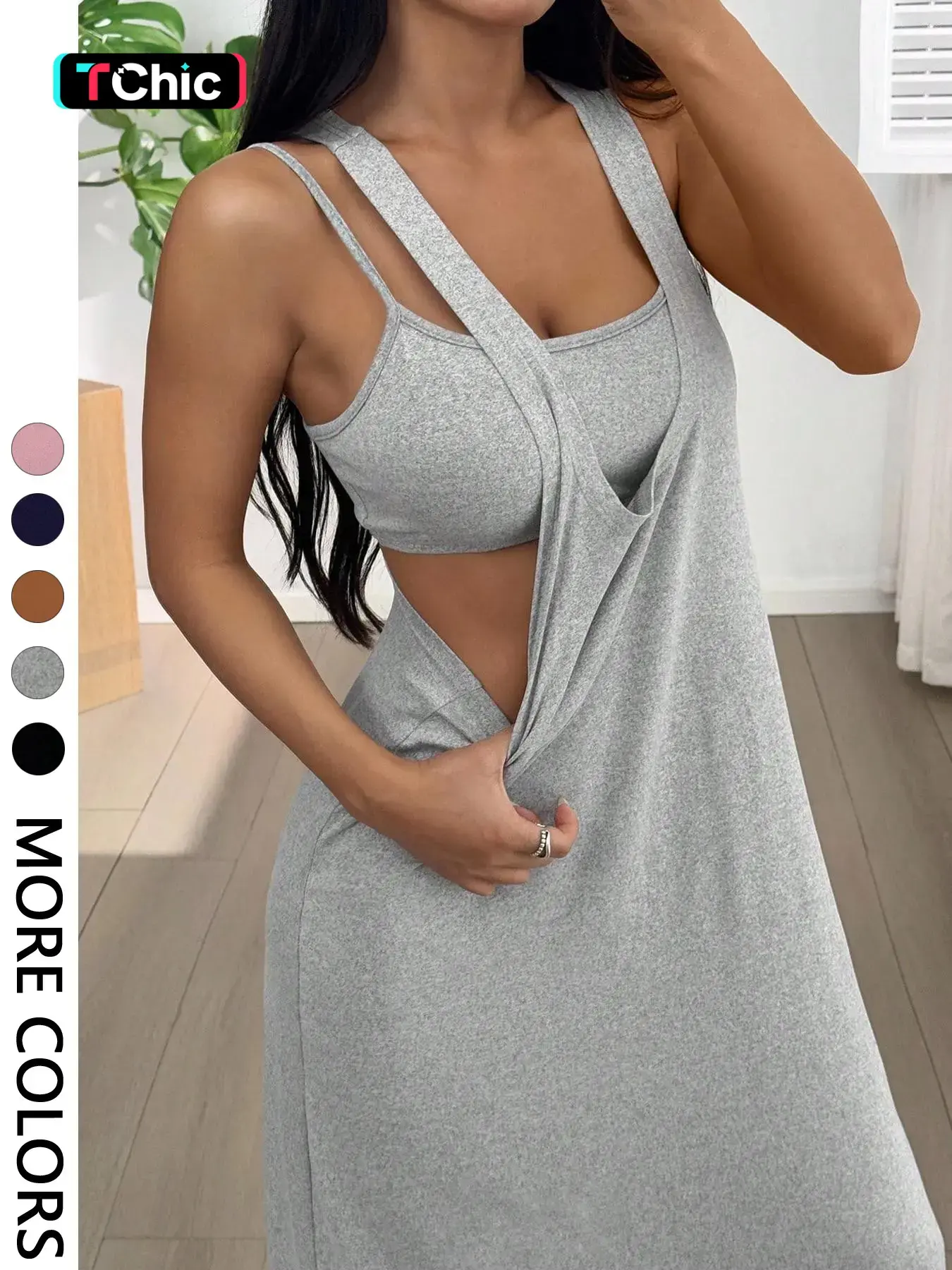 Women's 2pcs Heather solid color Tank Top & Cutout Maxi Dress Set, Casual  Wear, Summer, Soft Stretchy Fabric & Double-Strap Design