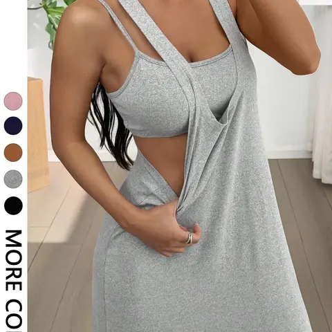 Women's Two Piece Matching Set, Fashion Casual Stretchy, Spaghetti Strap Tank Top and Long Loose Dress, Built‑in Camisole, Double Strap Design