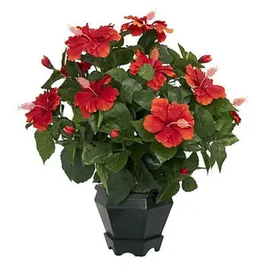 Nearly Natural Hibiscus with Black Hexagon Vase Silk Plant