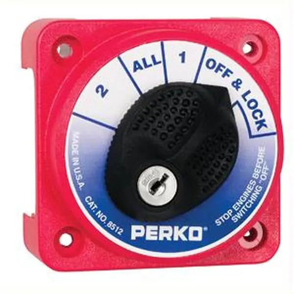 Perko Compact Medium Duty Battery Selector Switch with Key Lock - 8512DP, 12/24/32V Compatibility, Bolt Patterns, Higher Rating, Smooth Positive Position Selector