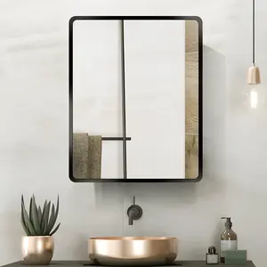 30 x 24 Inch Black Metal Framed Bathroom Mirror Medicine Cabinet Rectangle Tilting Beveled Vanity Mirrors Recess or Surface Mount Installation