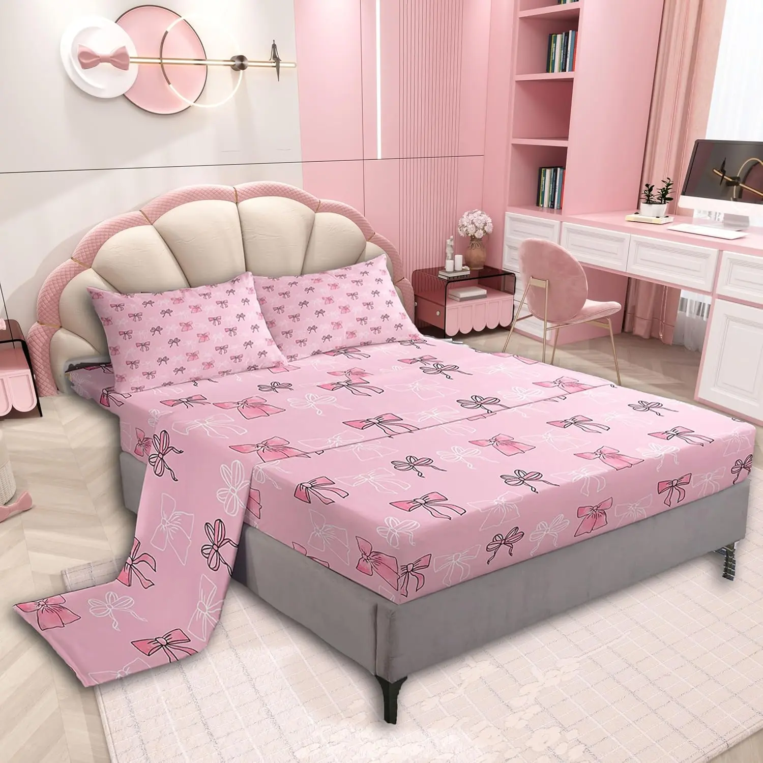 Bowknot Bed Sheets Sets Pink Bow Bedding Set Bow-tie Bed Sheet Set 16-Inch Deep Pockets Butterfly Bowknot 1 Pillow Cases