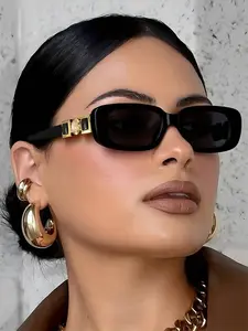 Women's Lightweight Rectangular Sunglasses, Fashionable Temple Decorations, Casual Style for Daily Use and Outdoor Beach, Trendy Sun Glasses