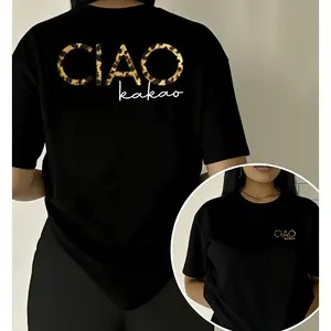 Women's Cotton Leopard Print "CIAO kakao" Round Neck Double-Sided Streetwear Tshirt - Retro Italian Edgy Casual Lady Clothes with Flat Love-Inspired Design