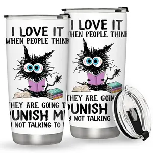 Funny Cat Pattern Tumbler, 1 Count Stainless Steel Double Wall Vacuum Mug with Lid & Straw, Drinking Cup for Home Office School, Drinkware
