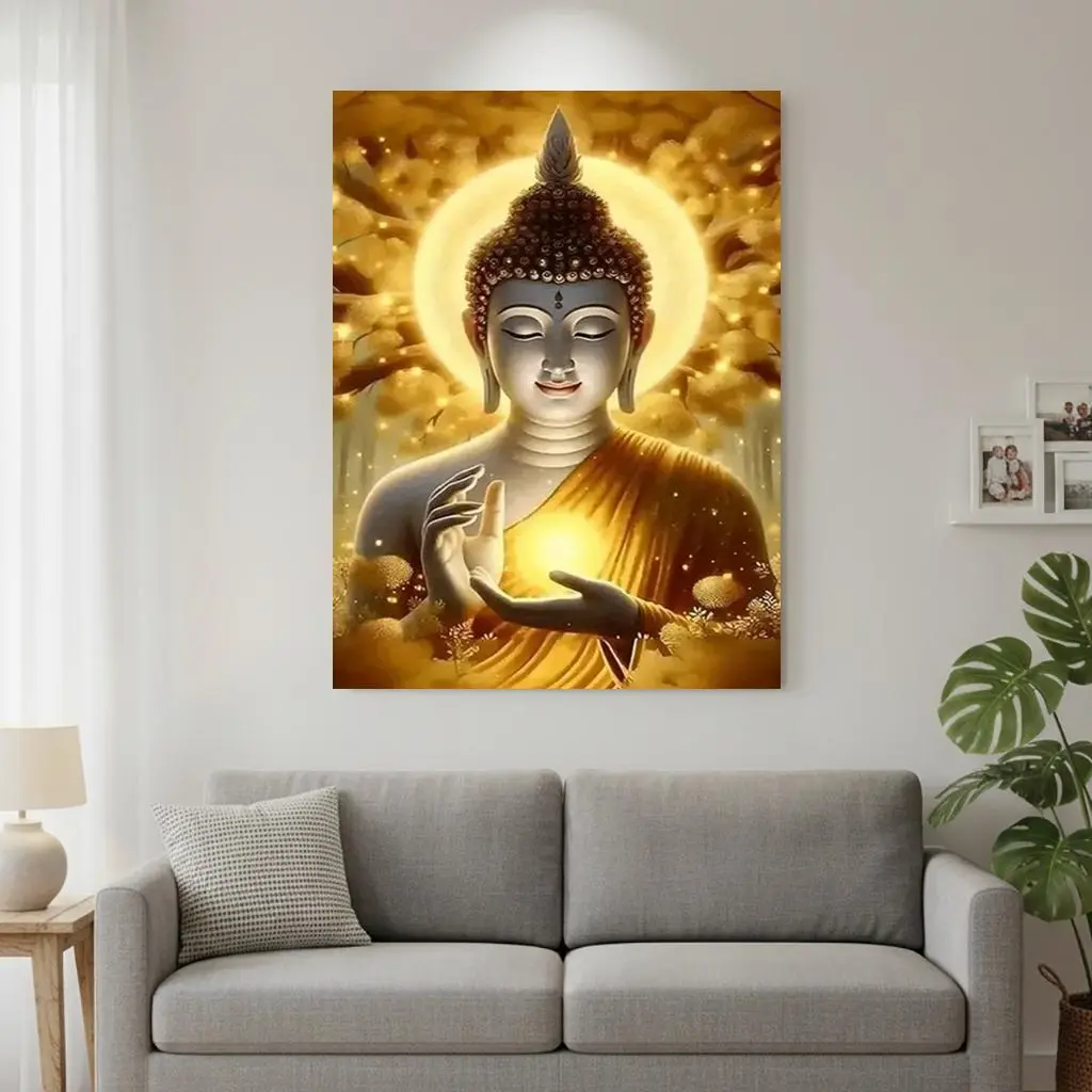 1pc Framed Canvas Buddha Painting - Realistic Digital Print with Aura, Handmade Wood Framed Spiritual Decoration, Modern Minimalist Home Wall Art Gift for Living Room, Bedroom