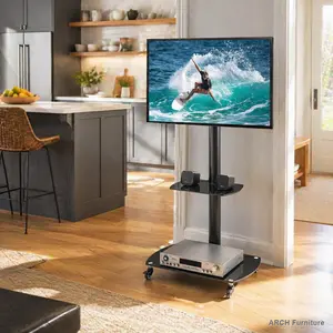 Height and Angle Adjustable Multi-Function Mobile TV Stand with Lockable Wheels, Tempered Glass and Metal Frame, 2-Tier Tempered Glass Shelves for LCD/Plasma TVs and Multiple Media Devices, Tv Shelf, Rotating Tv Stand Tv Mount Bracket