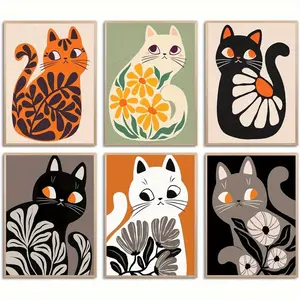 6 Piece Unframed 8x10 Inch Retro Cat Flower Wall Art Posters, Morandi Color Cartoon Cats, Abstract Art, Living Room Decor, Gift Idea