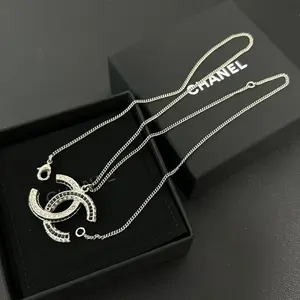 Pre-owned Chanel Baguette Crystal Large CC Necklace Silver Black twins LDJ4471