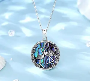 Exquisite 925 Sterling Silver Natural Abalone Shell Flamingo Pendant Necklace