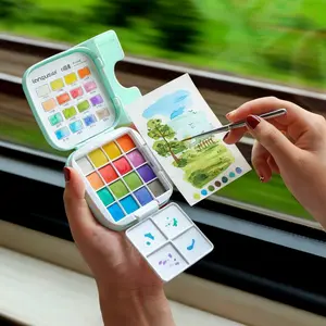 Travel Watercolor Paint Set - 16 Colors with Palette,Portable Watercolor Travel Kit with Brush, Coloring Card, Brush Washing Box for Adults, Artists & Professionals, Watercolor Painting Supplies