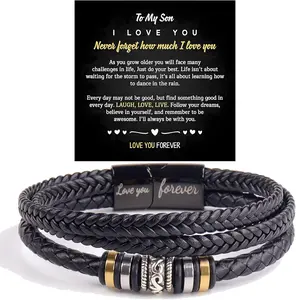Personalized Son's Infinity Knot Bracelet , To My Son/Grandson Stainless Steel Infinity Knot Leather Engraved with Love You Forever Bracelet Forever Linked Together  for Birthday Christmas