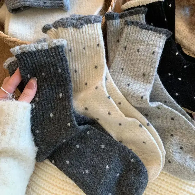 5 Pairs of Polka Dot Socks For Women in Four Seasons, Mid Length Cotton Socks, Versatile Lace Socks, Warm Stacking Socks
