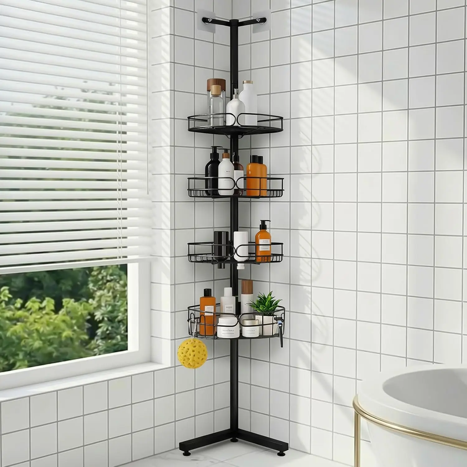 4 Tier Corner Shower Caddy – Adjustable Floor Standing Bathroom Organizer for Bathtub & Shower Storage