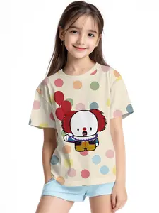 Polka dot bottom Q-version Pennywise clown digital printed summer fashion girls' clothing, 100% polyester made for energetic children, cute girls' short-sleeve T-shirts, summer casual children's clothing, outdoor sports T-shirts
