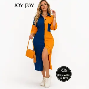 JOYPAY Women's Plus Size Color-Blocked Button-Down Shirt Dress - Adjustable, Comfortable, Chic, Side Slit, Colorblock Casual Dresses for Casual Wear & Trendy Street Style