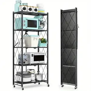 5-Tier Storage Shelving Unit With Hooks And Wheels, Standing Foldable Storage Rack, Metal, Kitchen, Garage, No Assemble Require Outdoor Decor Organiser Steel Multicolor