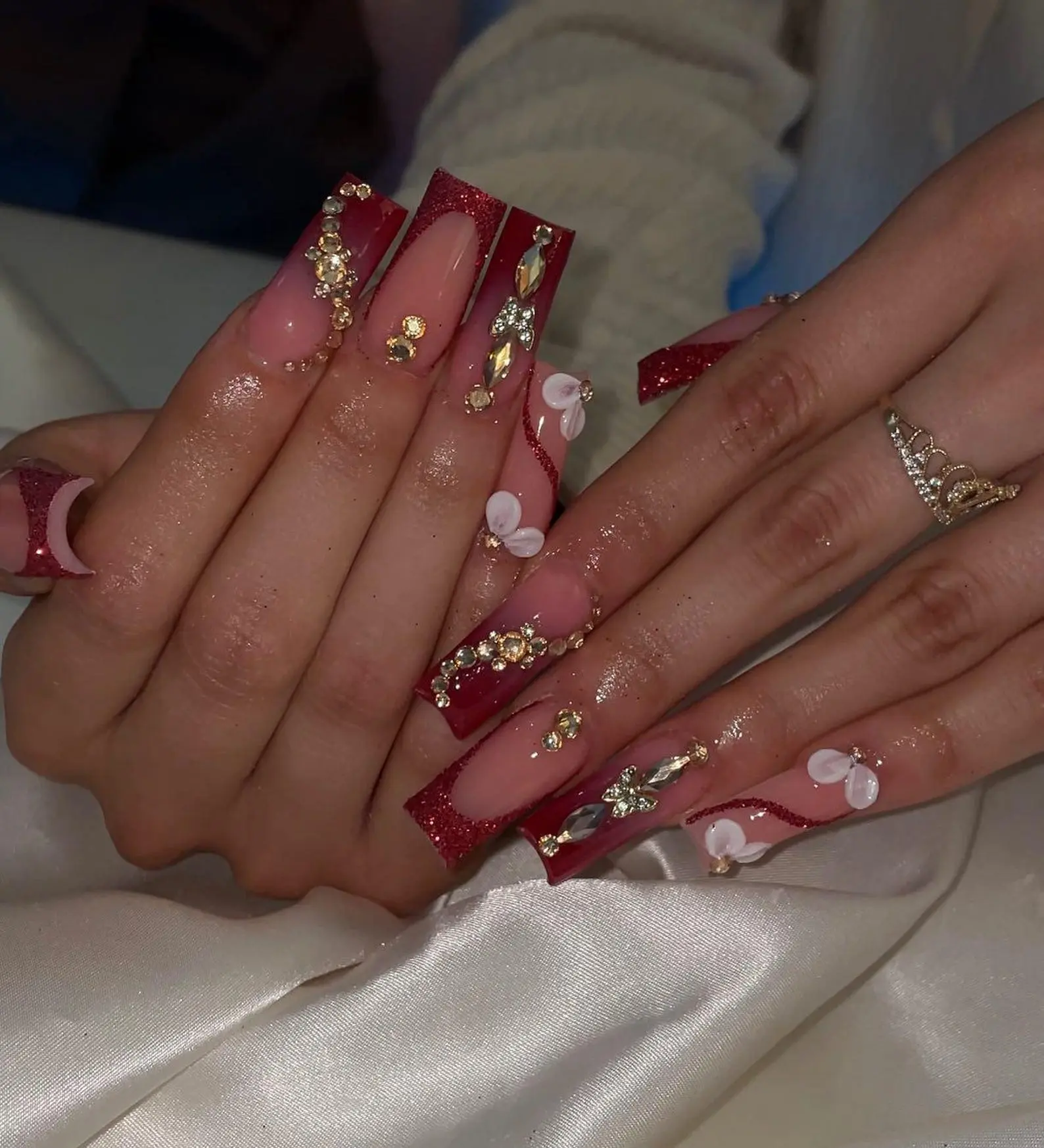 Luxury Red Glitter Press On Nails, 3D Flower Rhinestone French Tip Nails, Long Square Handmade Nails