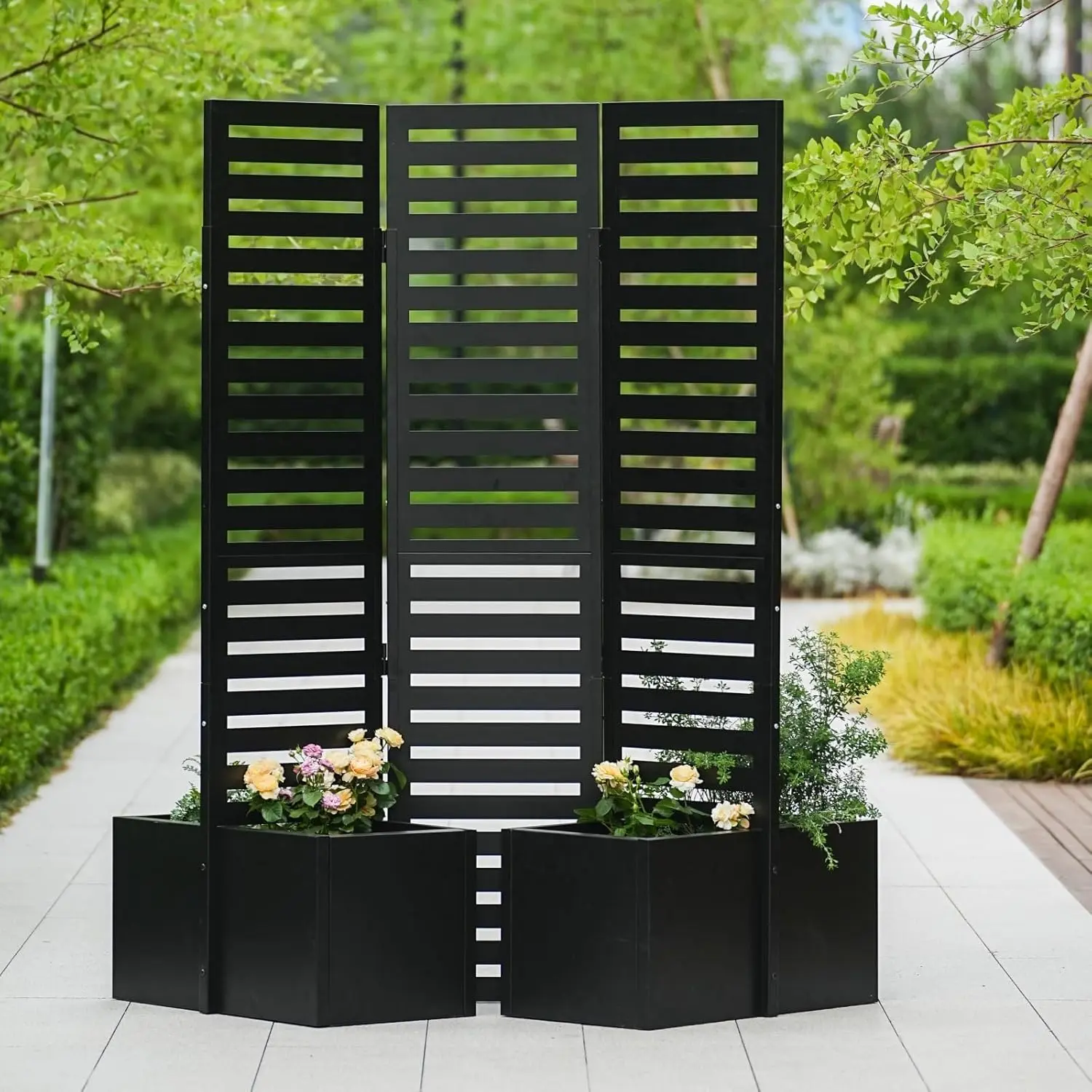 Planter Box with Trellis Outdoor, 3-Panel Metal Frame Screen, Raised Self-Draining Planter Boxes, Freestanding Patio Divider for Garden, Yard, Deck, Black, 51"x70"x31"