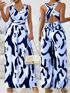 Women's Jumpsuit, Casual V Neck Sleeveless Jumpsuit for Summer, Fashion Lady Women's Clothing for Beach Holiday, Womenswear, Clothe, High Waist Jumpsuit