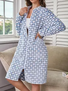 Women's Polka Dot Print Flannel Bathrobe, Casual Long Sleeve Open Front Robe, Soft Comfortable Warm Dressing Gown for Women, Ladies Sleepwear for All Seasons