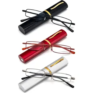 3 Pack Slim Pen Reading Glasses Small Tube Stylish Readers for Women Men Spring Hinged with Portable Clip Case, Black Red Silver 2.0