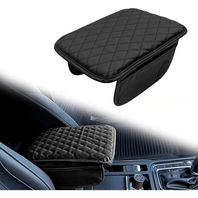 Car Center Console Cover with 2 Storage Pockets, Microfiber Leather Armrest Cover, Universal Car Interior Accessory (Black)