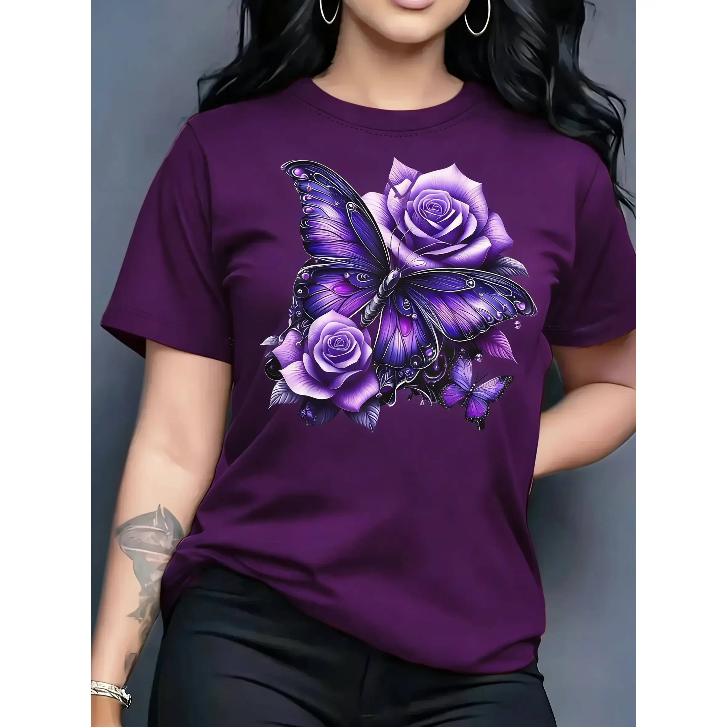 Women's Oversized Floral Butterfly Graphic T-Shirt in Smooth 100% Cotton, Casual Side Seamless Tee for Summer, Tops, Shortsleeve, Fabric, Basic, Flowers, Floral Print, Fit, Printed, Tshirt, Asymmetrical, Christmas