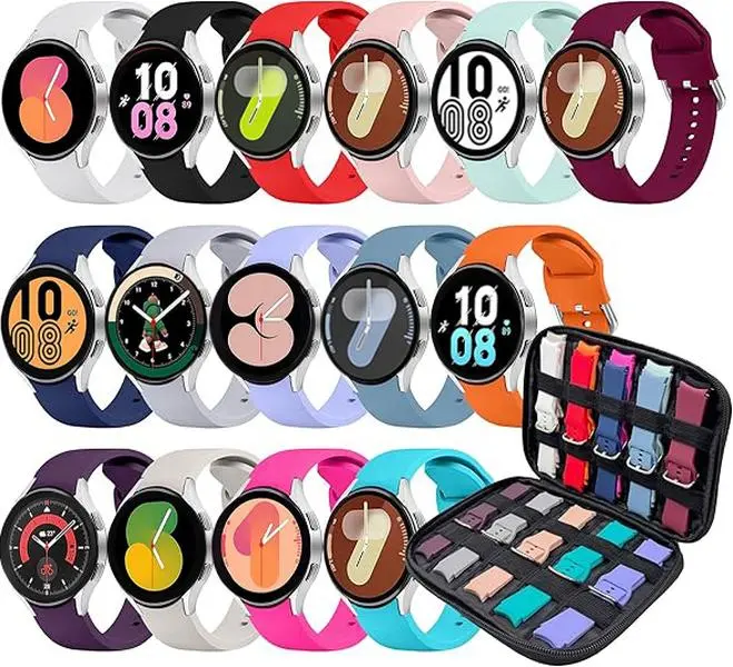 15 Pack Bands Compatible with Samsung Galaxy Watch 7/6/5/4 40mm 44mm/Watch 6 Classic 43mm 47mm/Watch 5 Pro 45mm/Watch 4 Classic/Active 2 Band, 20mm Soft Silicone Sport Strap with Watch Band Storage Case for Women Men Without watch strap watch white