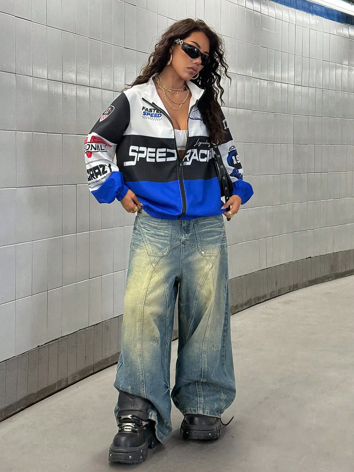 SNOBBISH Women's Moto Inspired Printed Bomber Jacket Zip Up Y2K Streetwear Fashion Casual Outerwear Fall