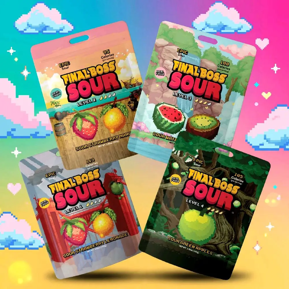 VIRAL Final Boss Sour - 4 Flavors All Levels 1-4 Sour Candy Challenge | Real Fruit Sour Strawberry Lemonade, strawberry mango, Watermelon Kiwi, Green Apple