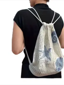 Ocean Jacquard Knit Drawstring Backpack, Lightweight Hollow Out Shoulder Bag, Ideal for Beach, Travel, Daily Casual Wear